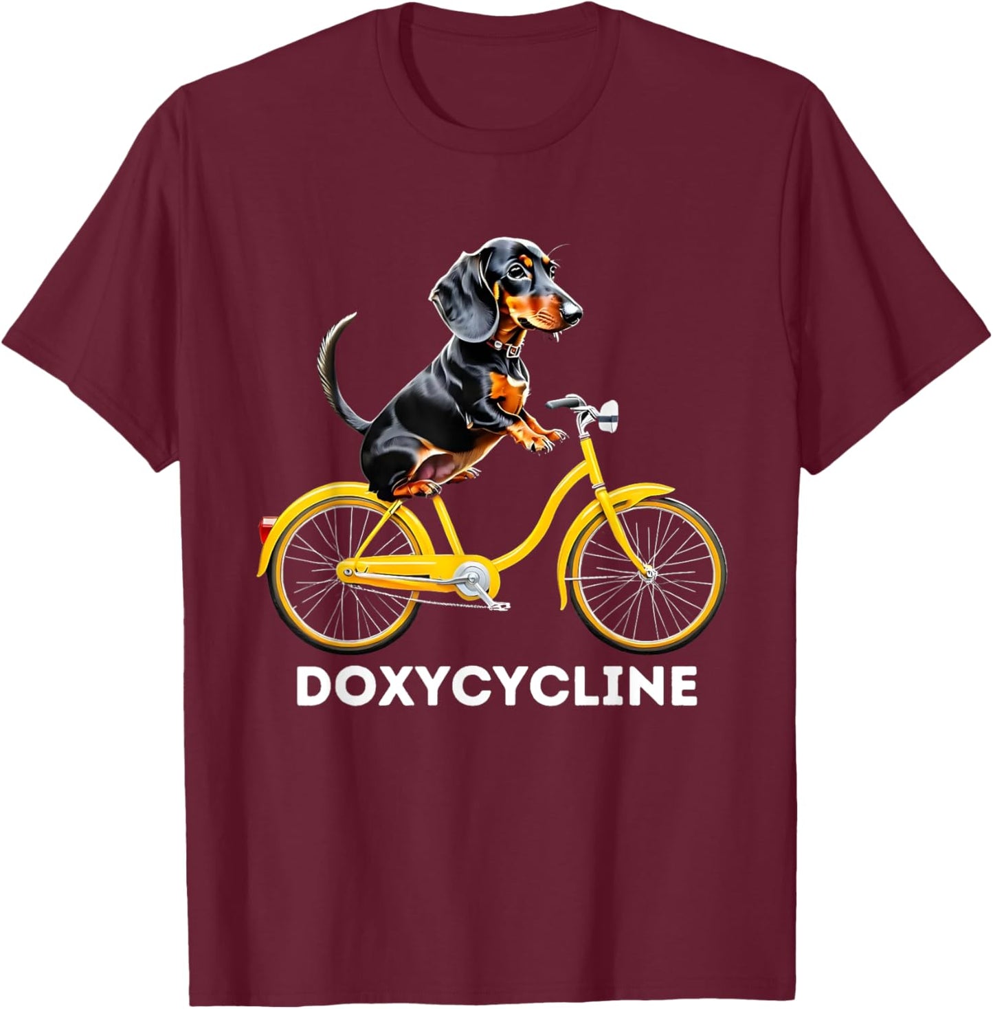Dachshund on Bicycle Doxycycline Pharmacy Pun Dog Pharmacist T-Shirt - T-Shirt | Maroon