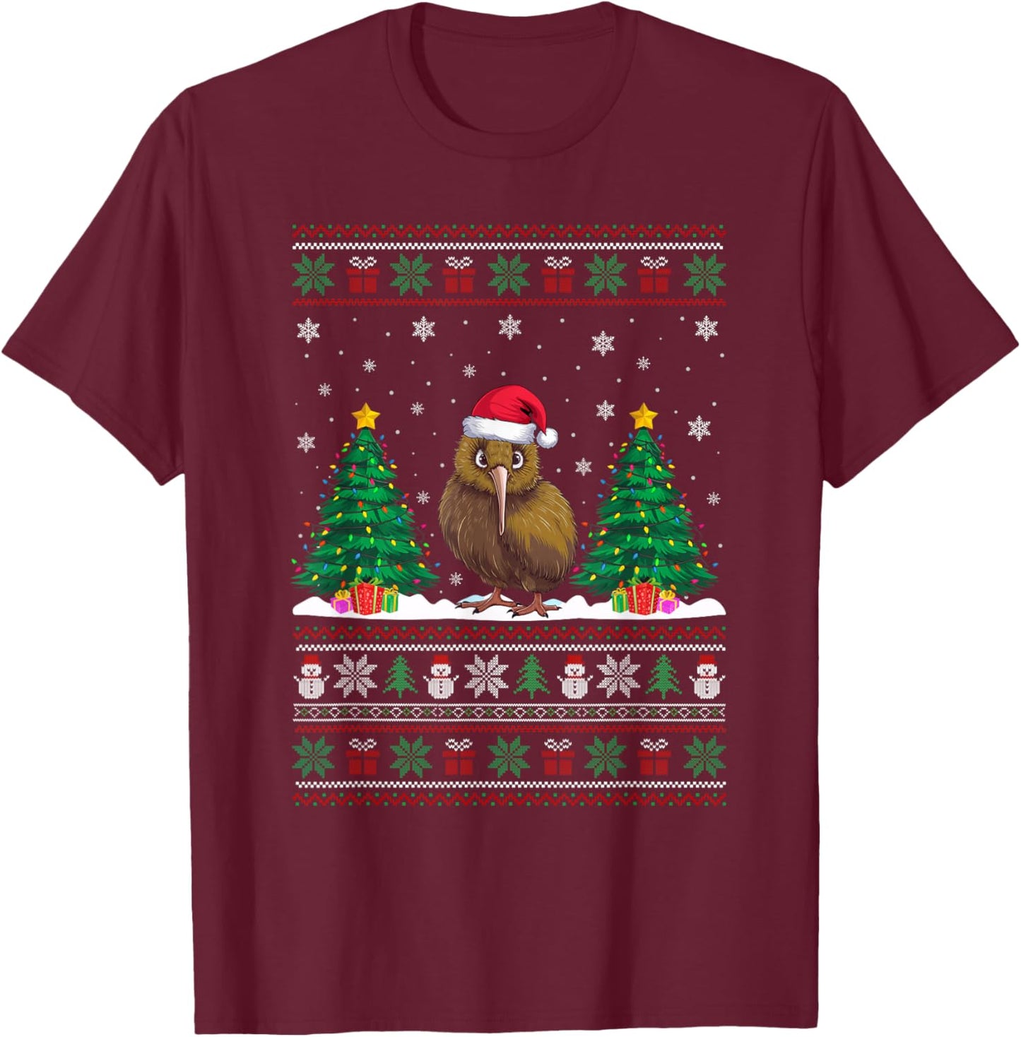 Santa Hat Kiwi Bird Christmas Tree Lights Ugly Sweater T-Shirt - T-Shirt | Maroon
