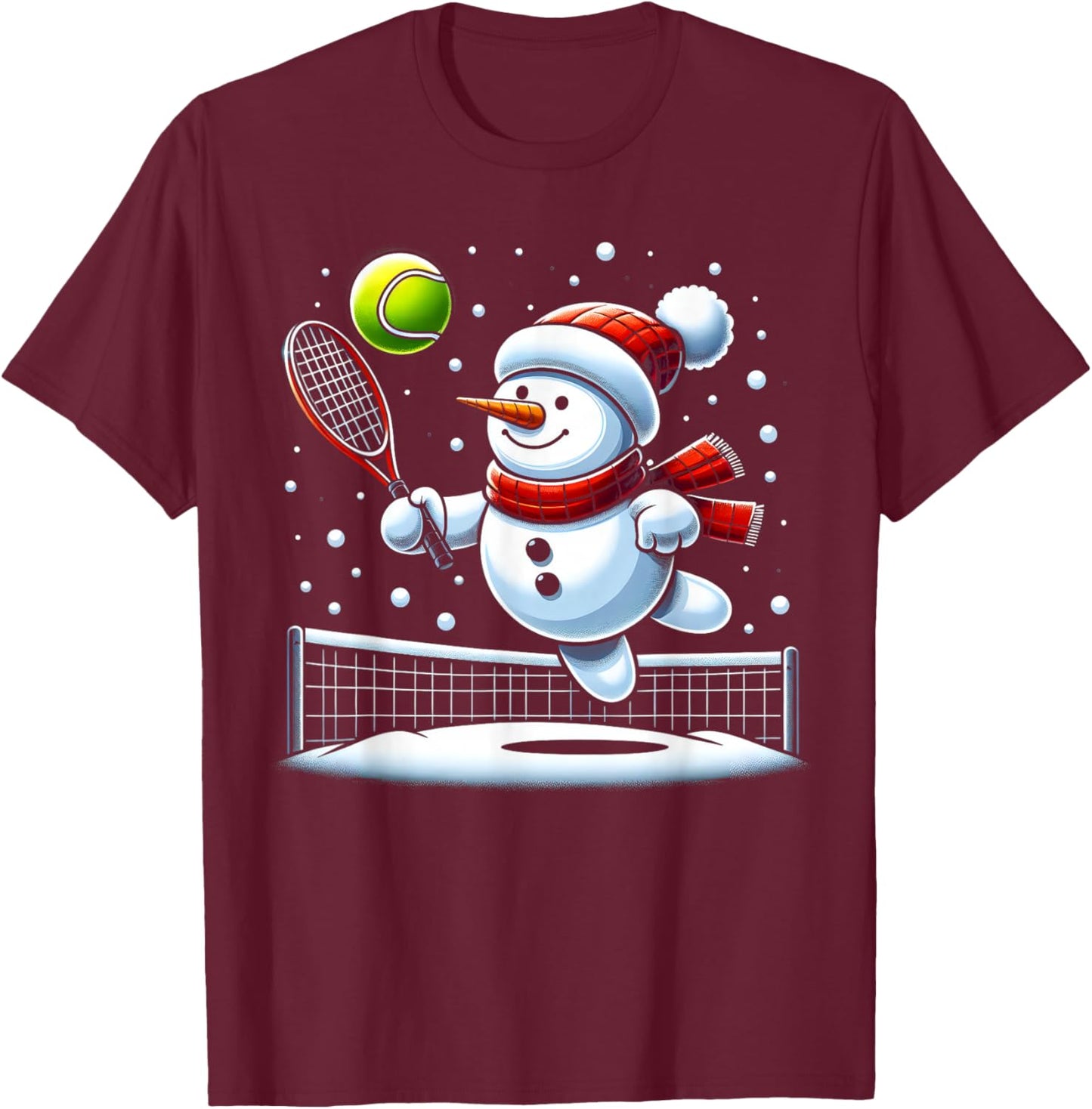 Tennis Snowman Santa Hat Christmas Xmas Boys Girls Kids T-Shirt - T-Shirt | Maroon