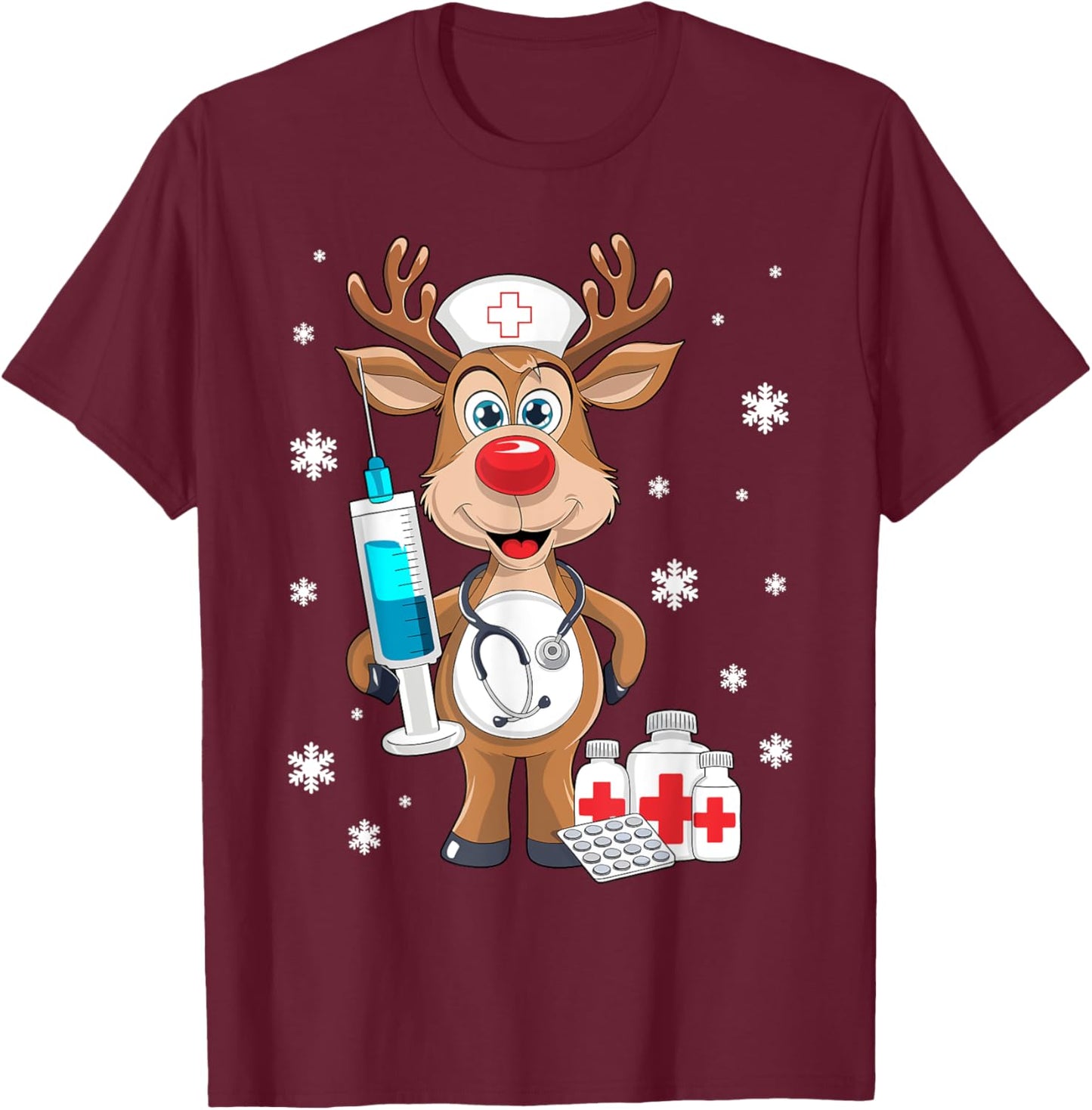 Christmas Nurse Reindeer Funny Xmas Nursing Scrub Women T-Shirt - T-Shirt | Maroon