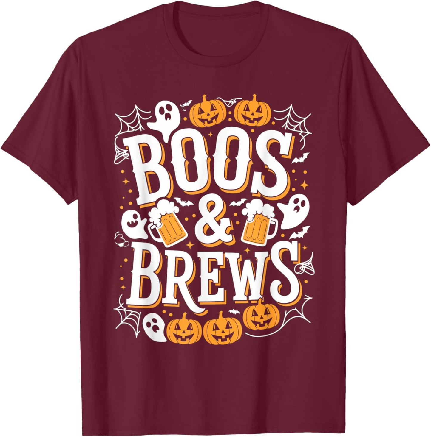 Boos & Brews Halloween Party Beer & Ghost Scary Spooky T-Shirt - T-Shirt | Maroon