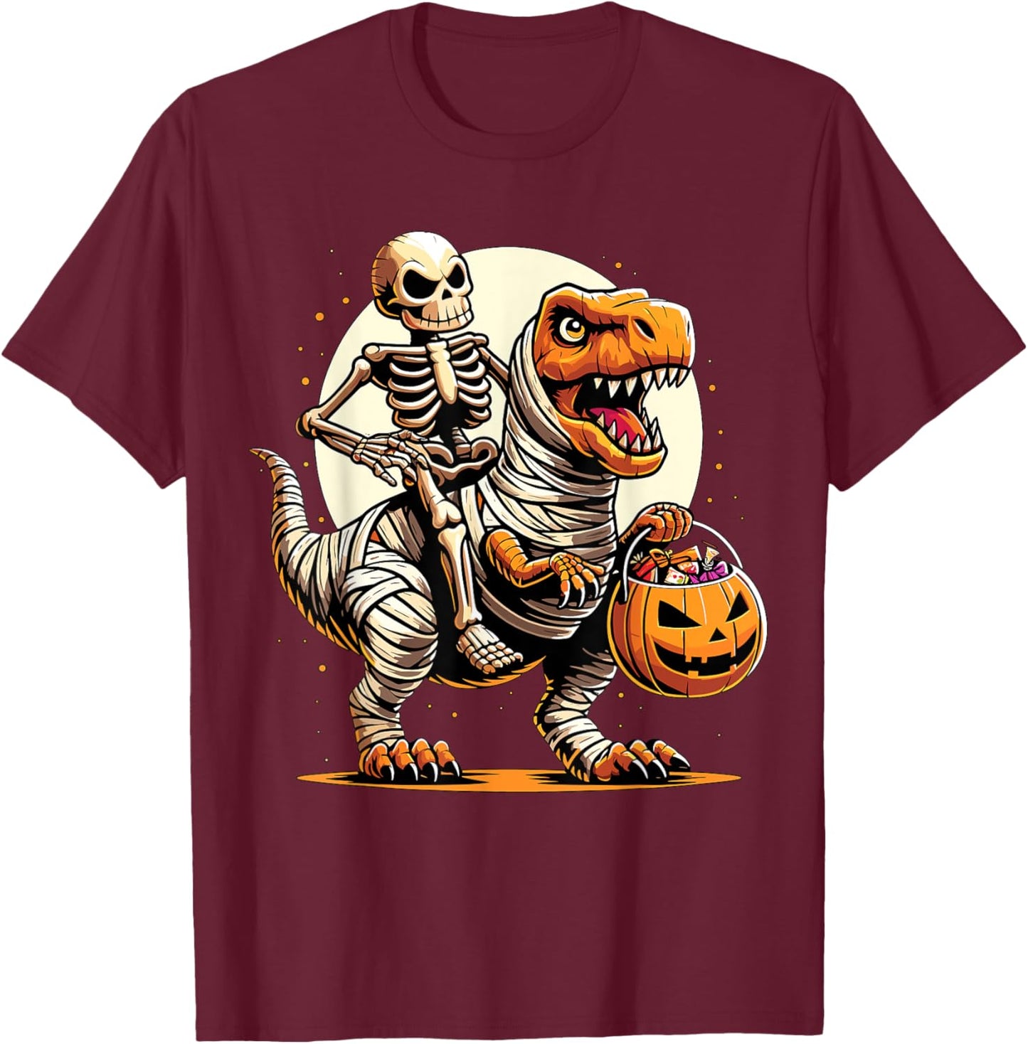 Halloween Skeleton Riding Mummy Dinosaur T-Shirt - T-Shirt | Maroon