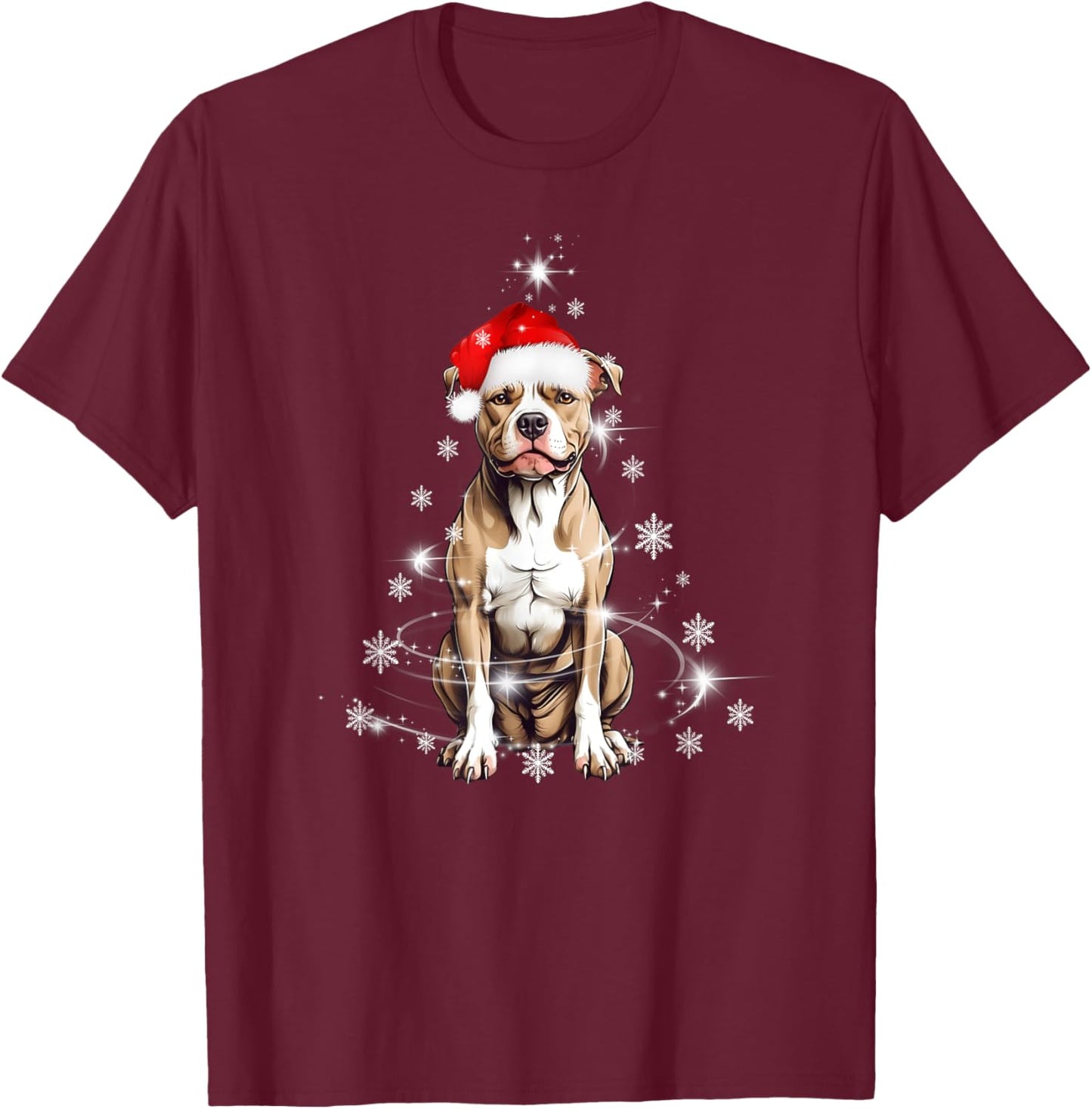 Pitbull Dog Christmas Tree Santa Hat Lights Sweater T-Shirt - T-Shirt | Maroon