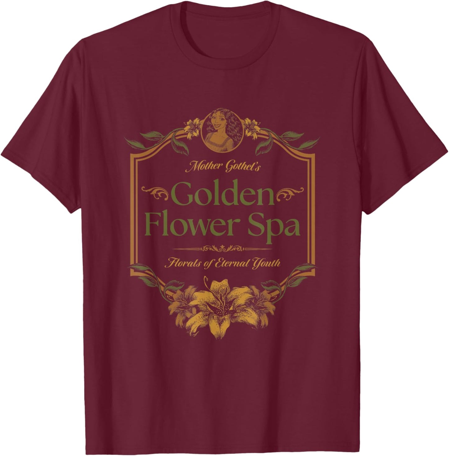 Disney Villains Mother Gothel's Golden Flower Spa Retro Logo T-Shirt - T-Shirt | Maroon