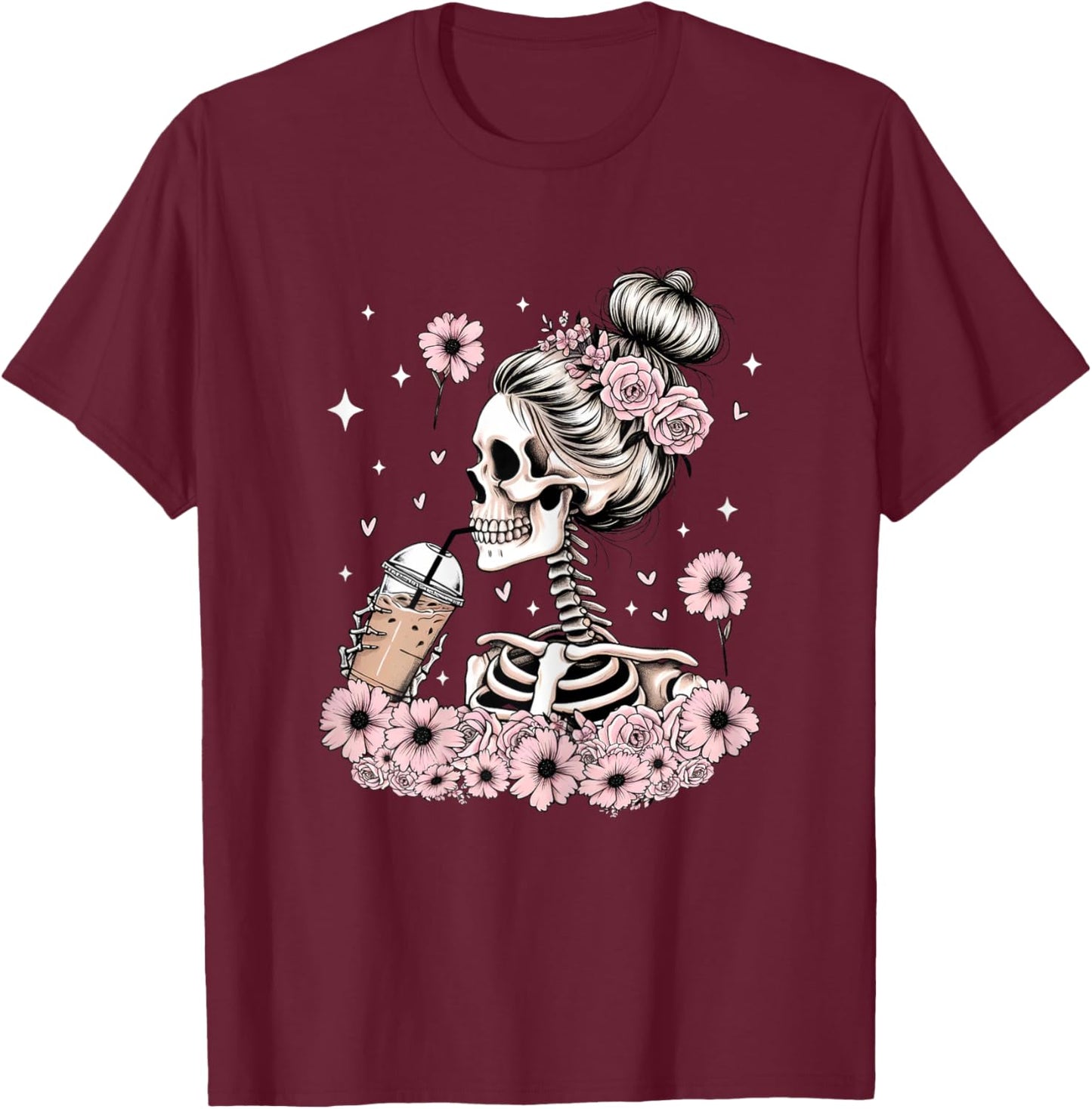 Halloween Skeleton Messy Bun Coffee Funny Costume Mom Women T-Shirt - T-Shirt | Maroon