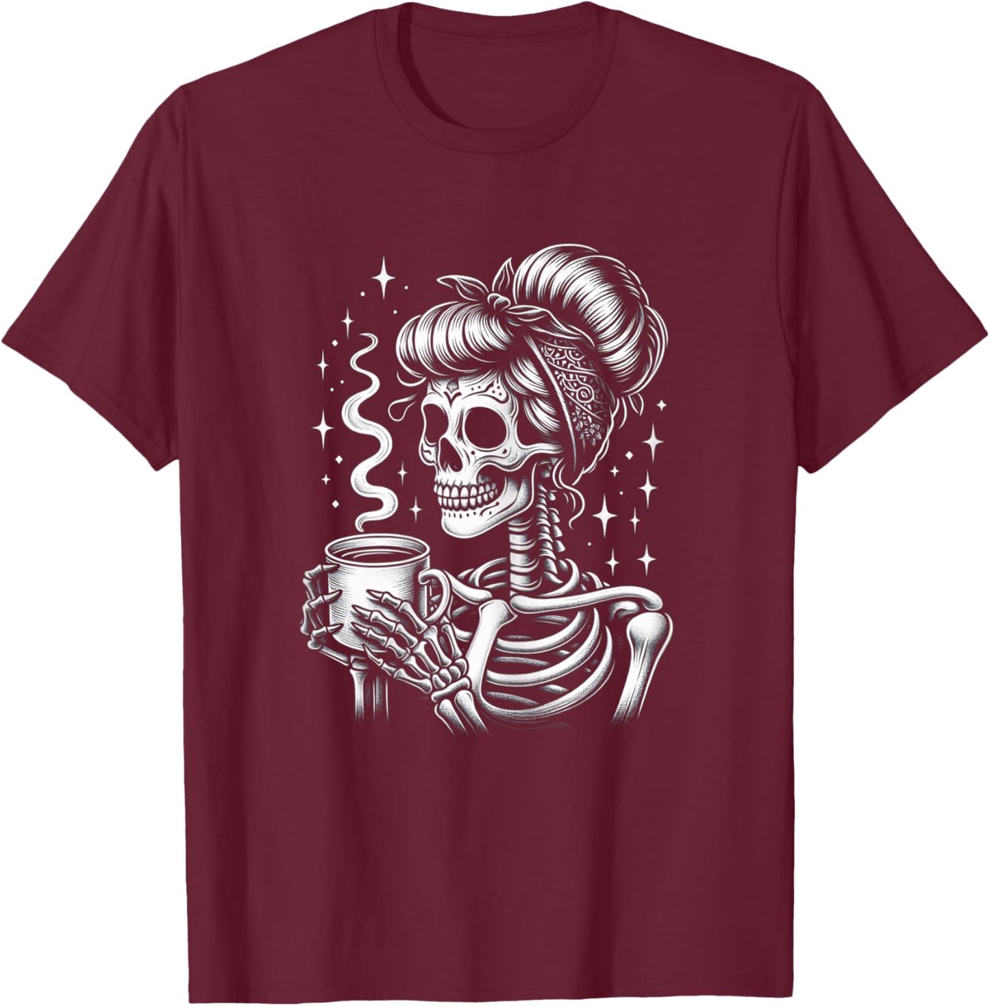 Halloween Skeleton Messy Bun Coffee Funny Costume Mom Women T-Shirt - T-Shirt | Maroon