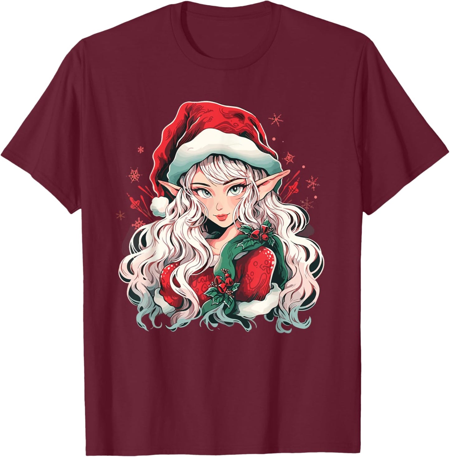 Christmas Elf Beautiful Anime Girl Cute Waifu Manga Graphic T-Shirt - T-Shirt | Maroon