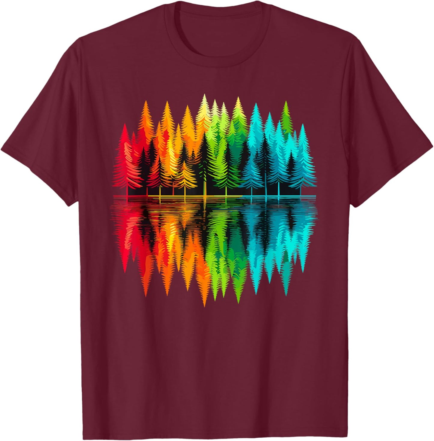 Colorful Trees Nature Landscape -Adults , Black, Small, Short Sleeve, Polyester 100%, Nature Themed, Outdoor Adventure T-Shirt - T-Shirt | Maroon