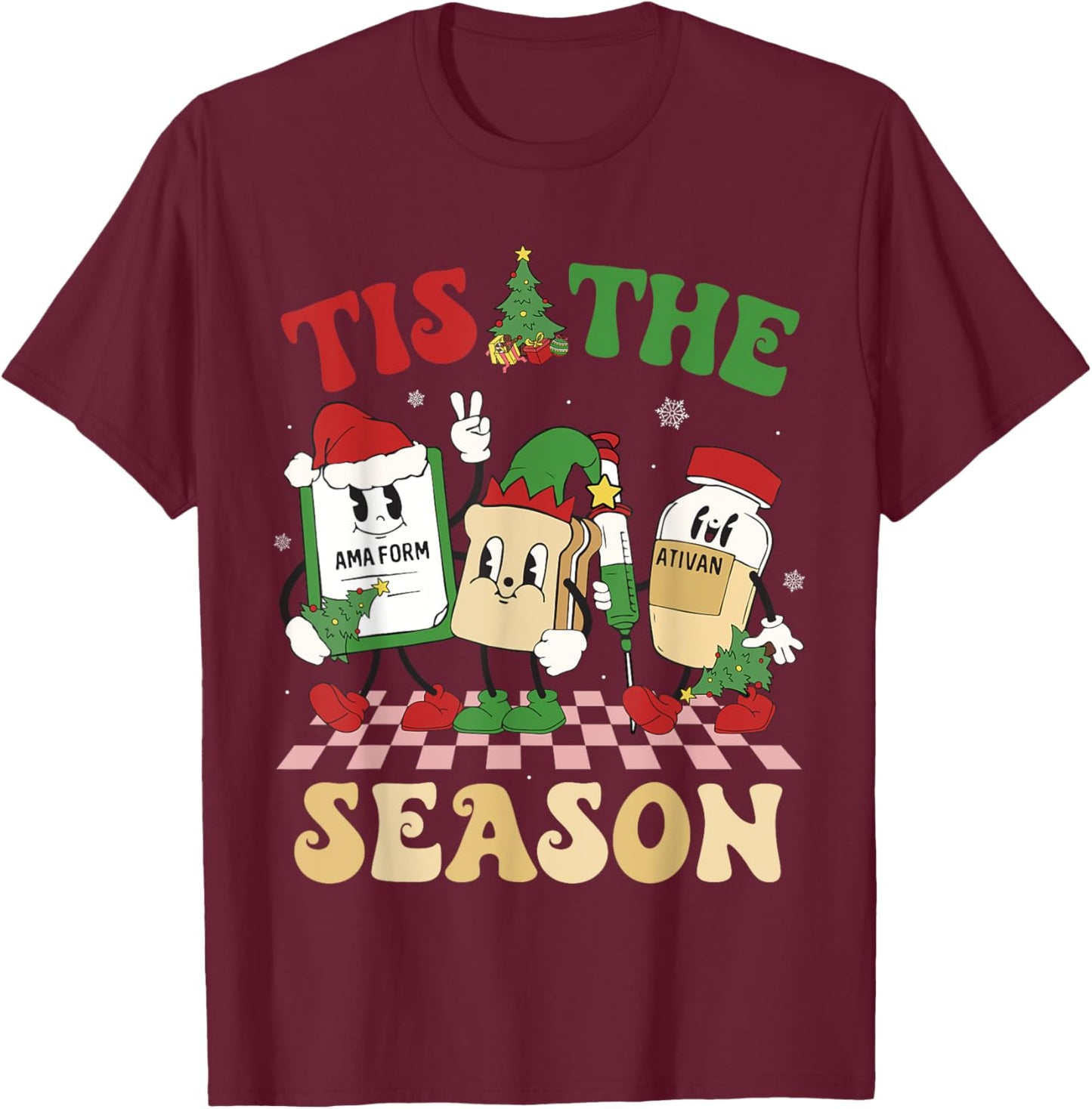 Tis The Season Groovy Christmas ER Nurse Emergency Room T-Shirt - T-Shirt | Maroon