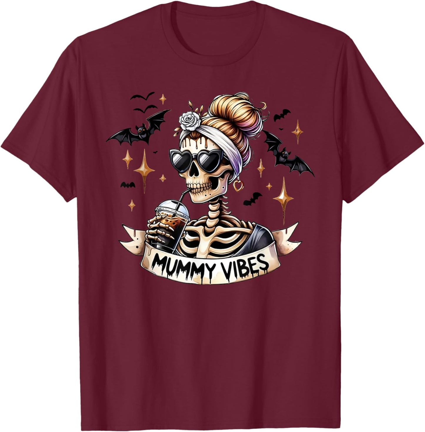 Mummy Vibes Skeleton Coffee Mom Spooky Season Halloween T-Shirt - T-Shirt | Maroon