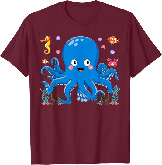 Cute Girls and Boys Octopus T-Shirt - T-Shirt | Maroon