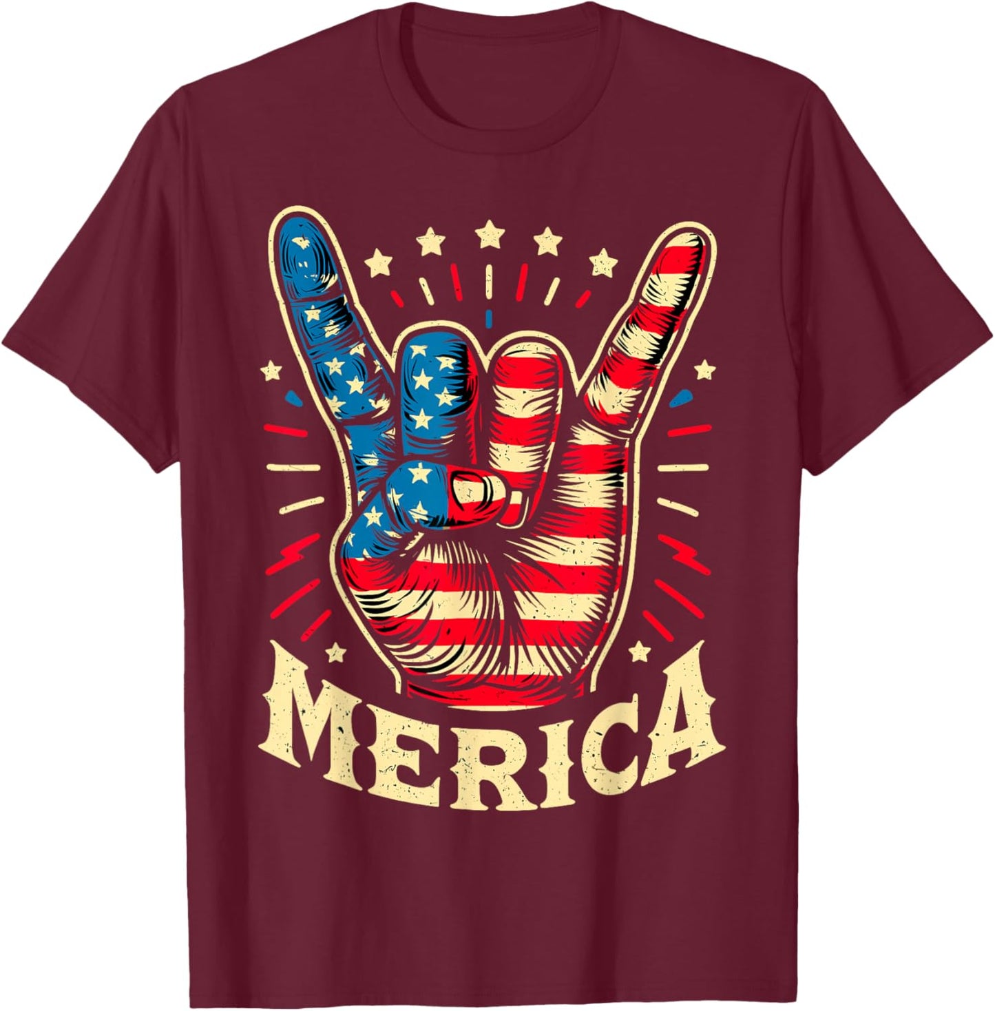 Merica 4th of July Rock and Roll USA Flag T-Shirt - T-Shirt | Maroon