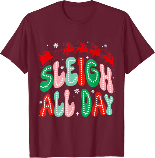Reindeer Sleigh All Day Retro Christmas Pajamas Women Girls T-Shirt - T-Shirt | Maroon