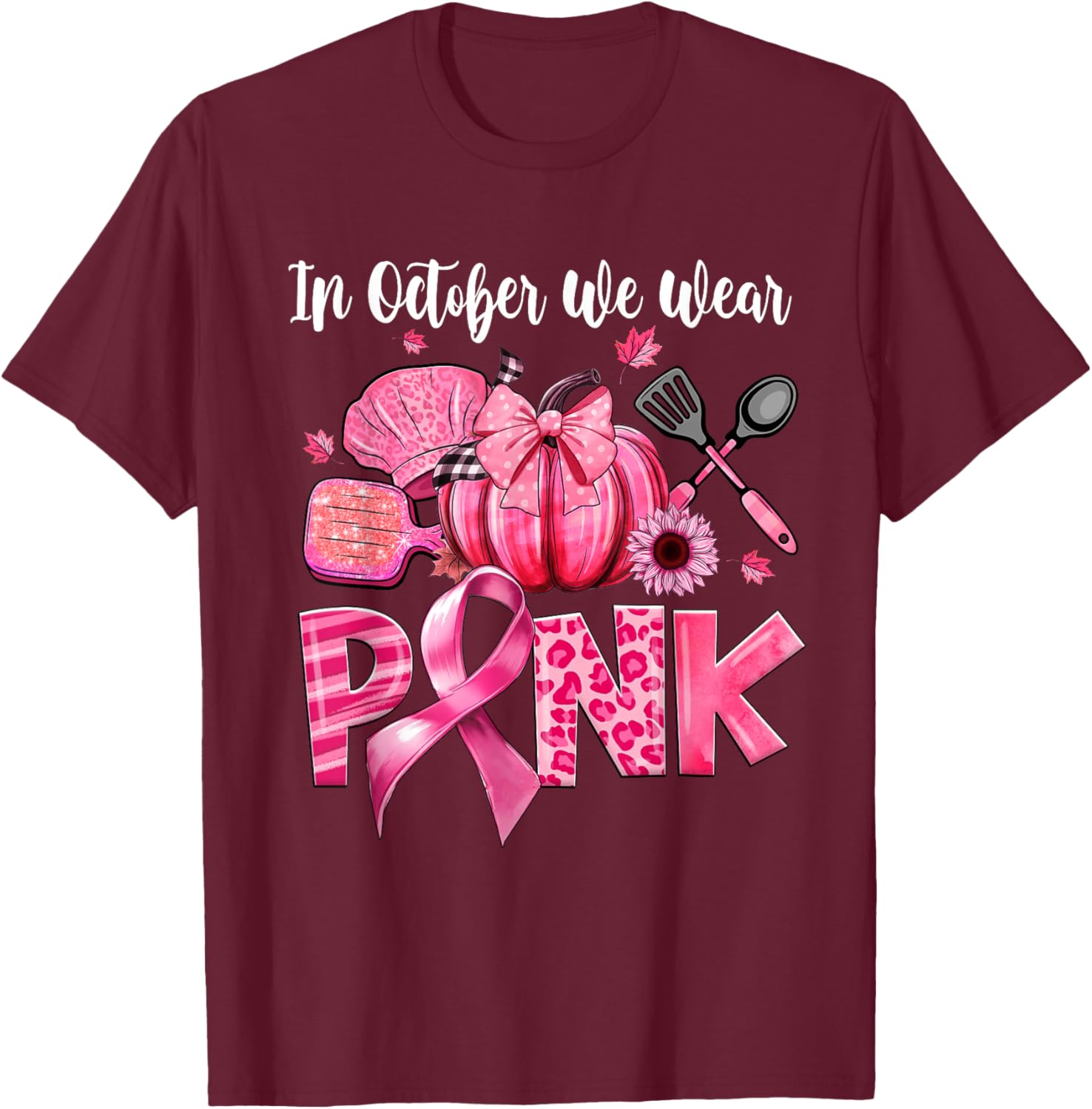 In October We Wear Pink Lunch Lady Pumpkin Breast Cancer T-Shirt - T-Shirt | Maroon