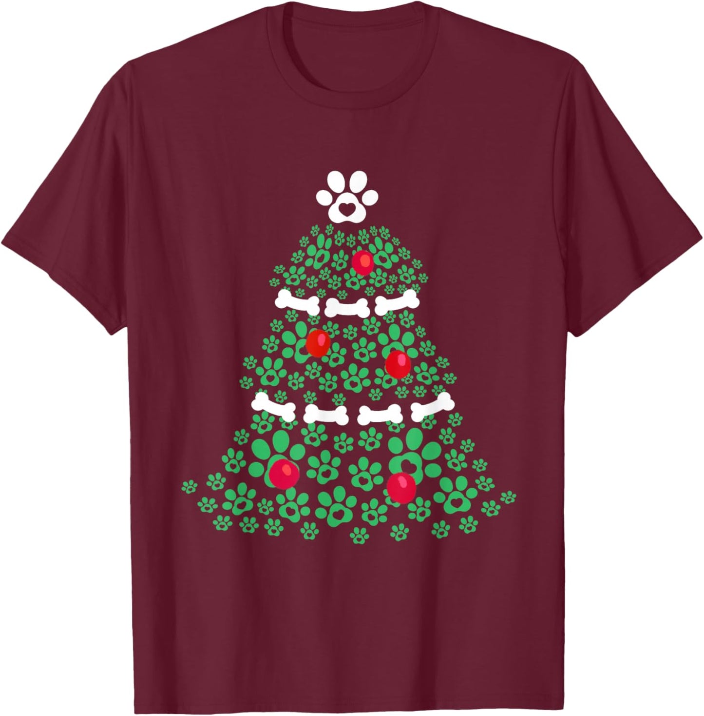 Cute Xmas Dog Paw Christmas Tree Puppy Lovers Men Women Kids T-Shirt - T-Shirt | Maroon
