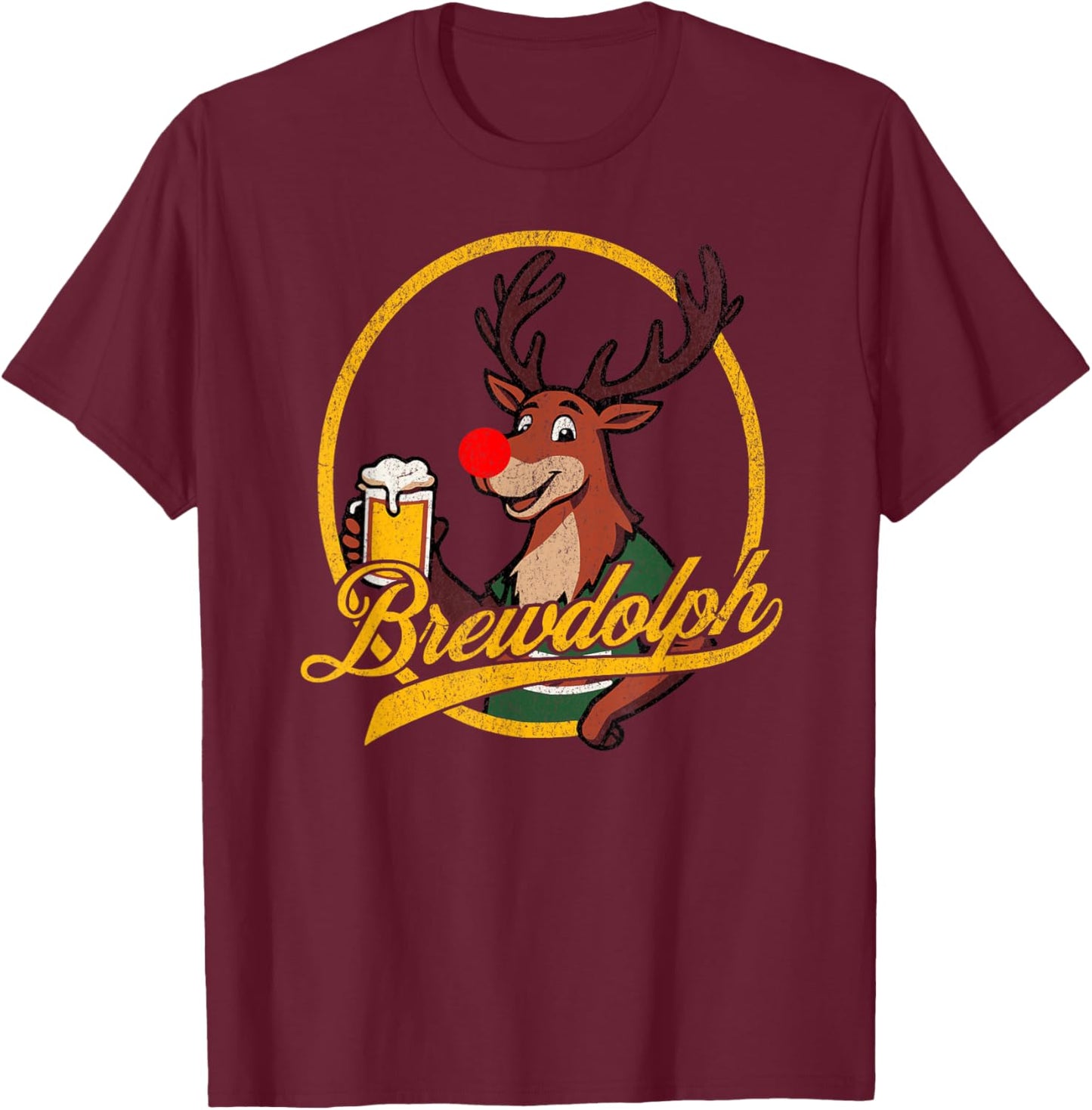 Funny BREWDOLPH Reindeer Christmas Beer Drinker Drinking T-Shirt - T-Shirt | Maroon