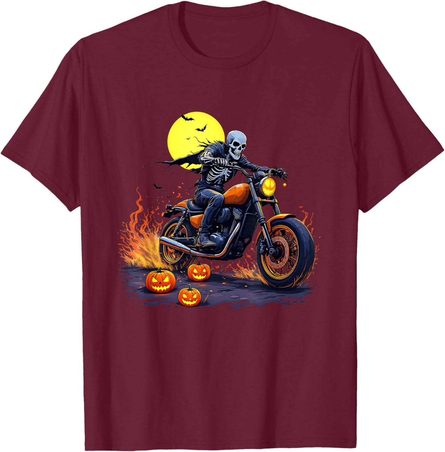 Halloween Skeleton Motorcycle Rider Skull Biker T-Shirt - T-Shirt | Maroon