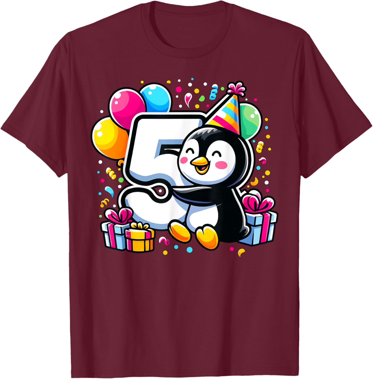 Kids Penguin Theme fifth Bday Party 5th Penguin Birthday T-Shirt - T-Shirt | Maroon