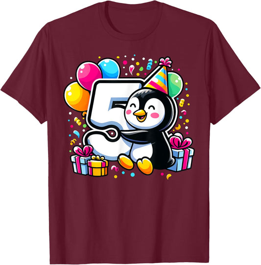 Kids Penguin Theme fifth Bday Party 5th Penguin Birthday T-Shirt - T-Shirt | Maroon
