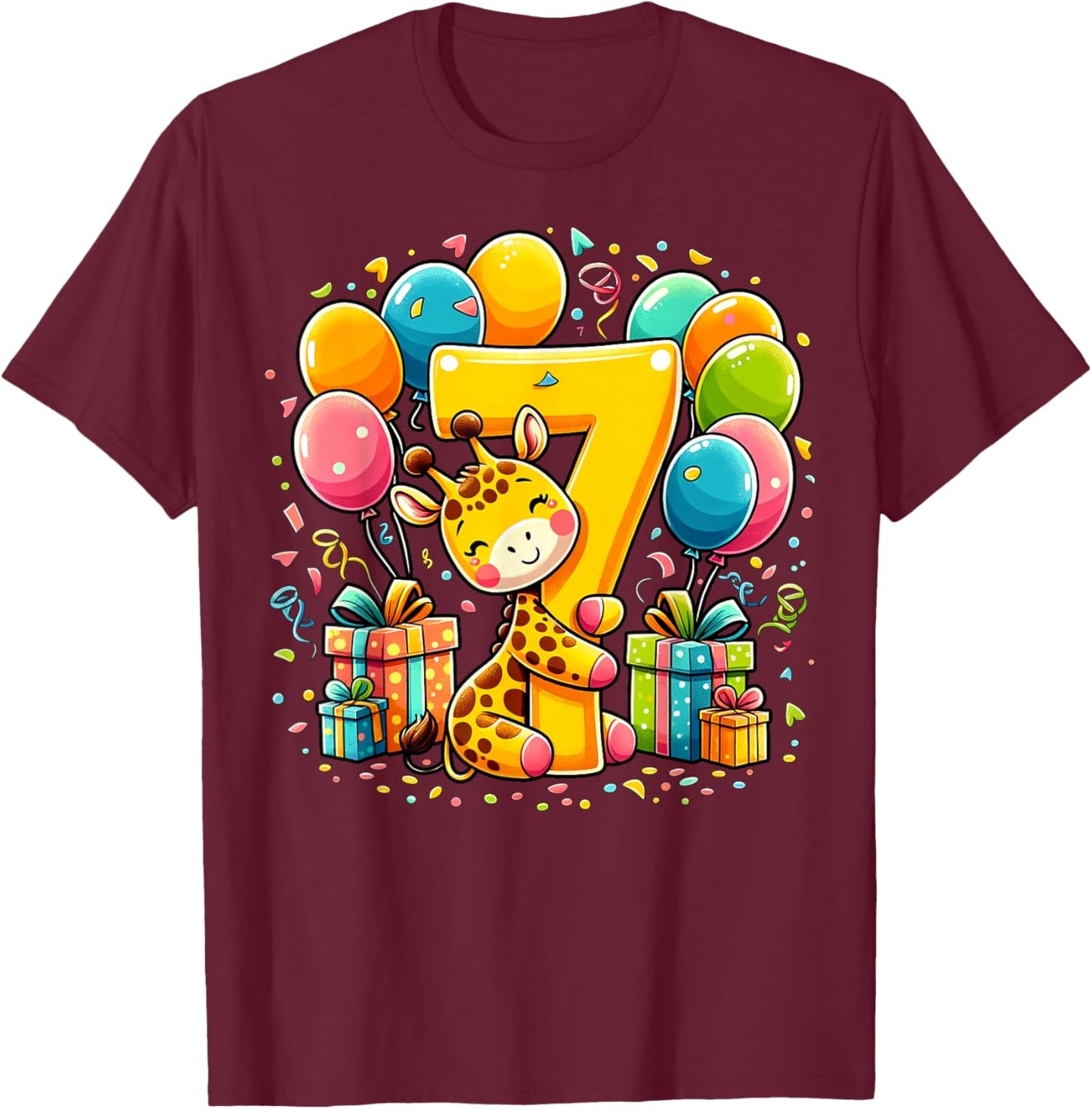 Giraffe 7th birthday boy girl 7 years seventh seven Giraffe T-Shirt - T-Shirt | Maroon