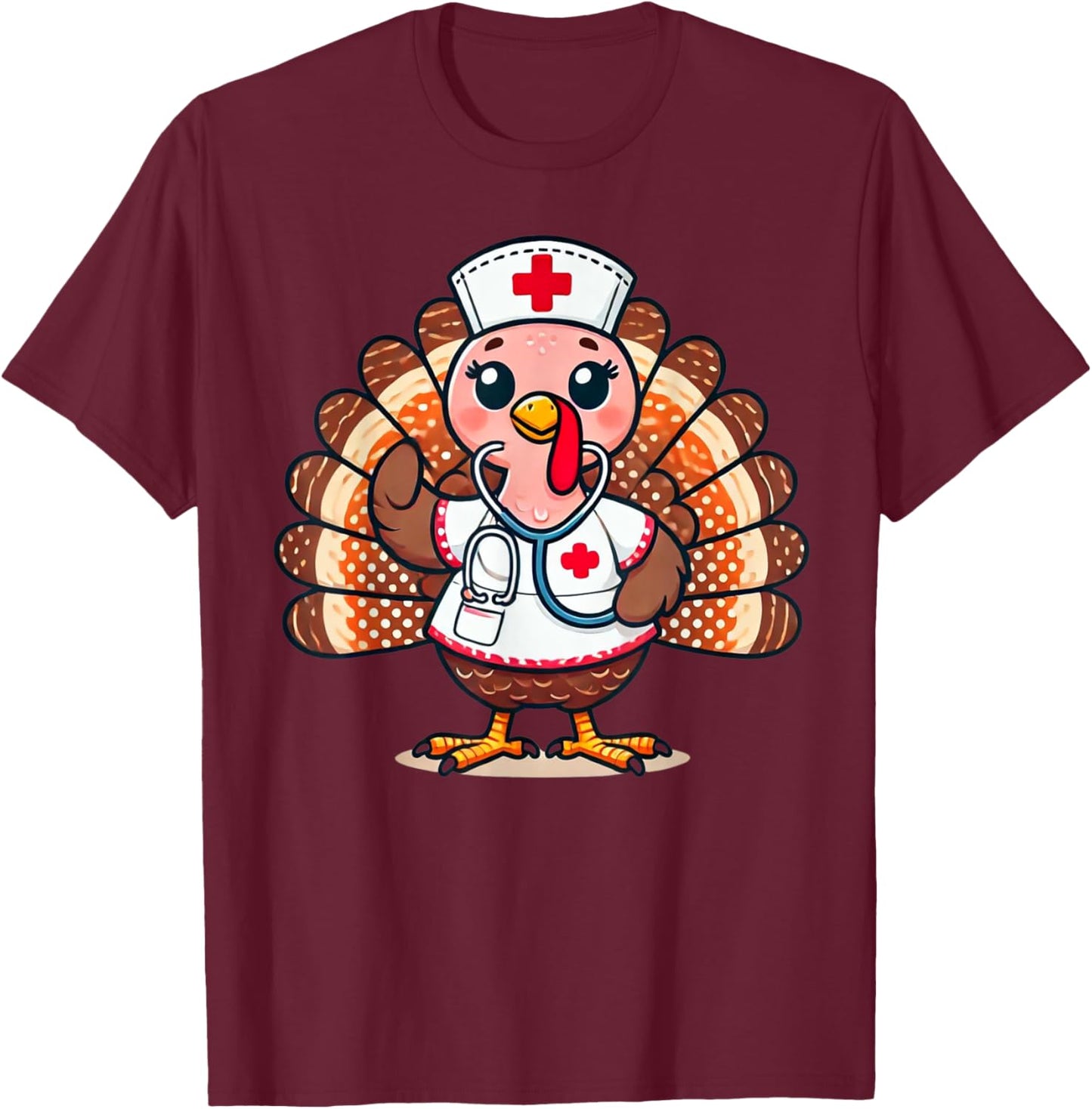 Turkey Nurse Stethoscope Thanksgiving Fall Scrub Top Women T-Shirt - T-Shirt | Maroon