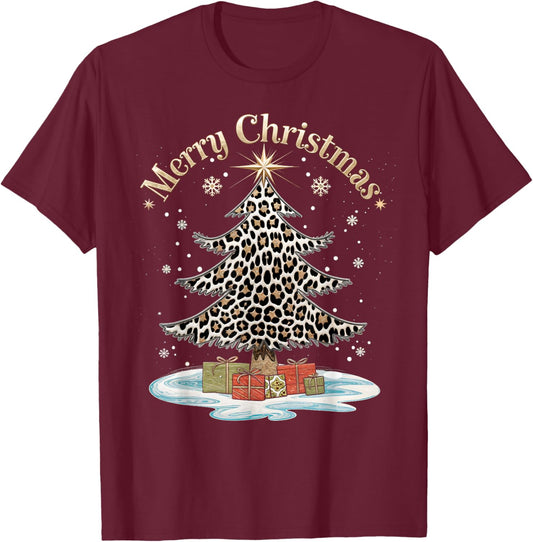Merry Christmas Leopard Plaid Tree Snowflake Xmas T-Shirt - T-Shirt | Maroon