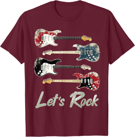 Let's Rock Vintage Guitars, Rock'n Roll Guitarist, Rock Band T-Shirt - T-Shirt | Maroon