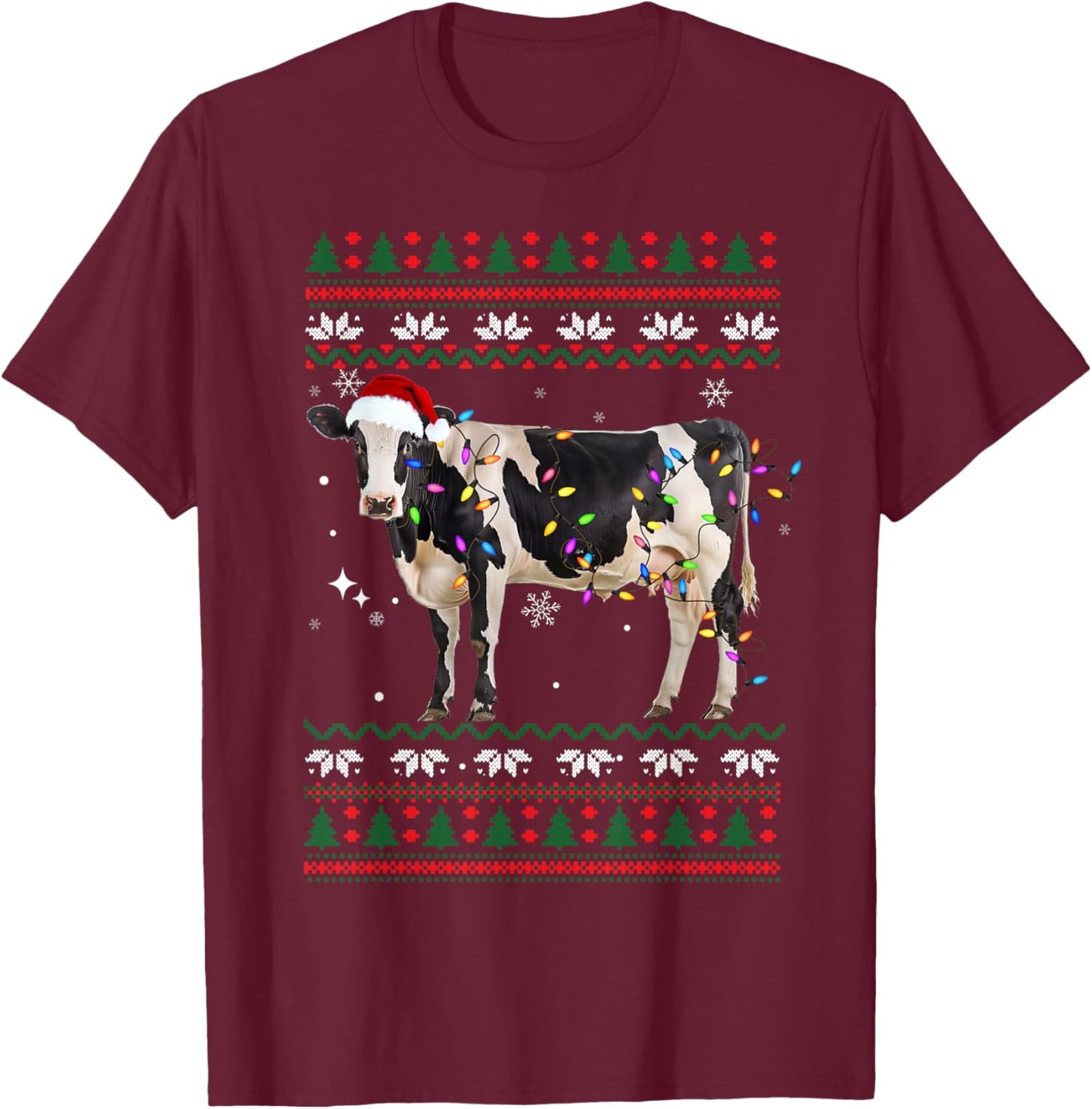 Funny Ugly Xmas Sweater Dairy Cow Farmer Lights Christmas T-Shirt - T-Shirt | Maroon