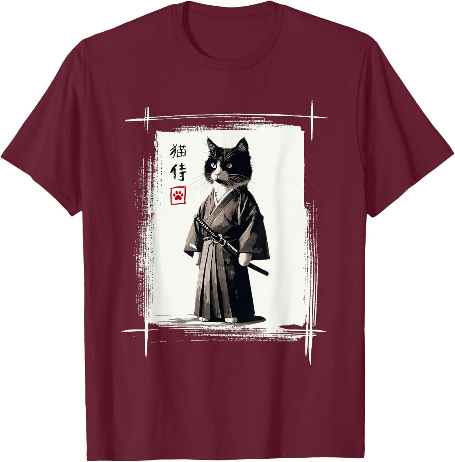 Samurai Cat Japanese Art Sumi-e Novelty Kawaii Funny Cat T-Shirt - T-Shirt | Maroon
