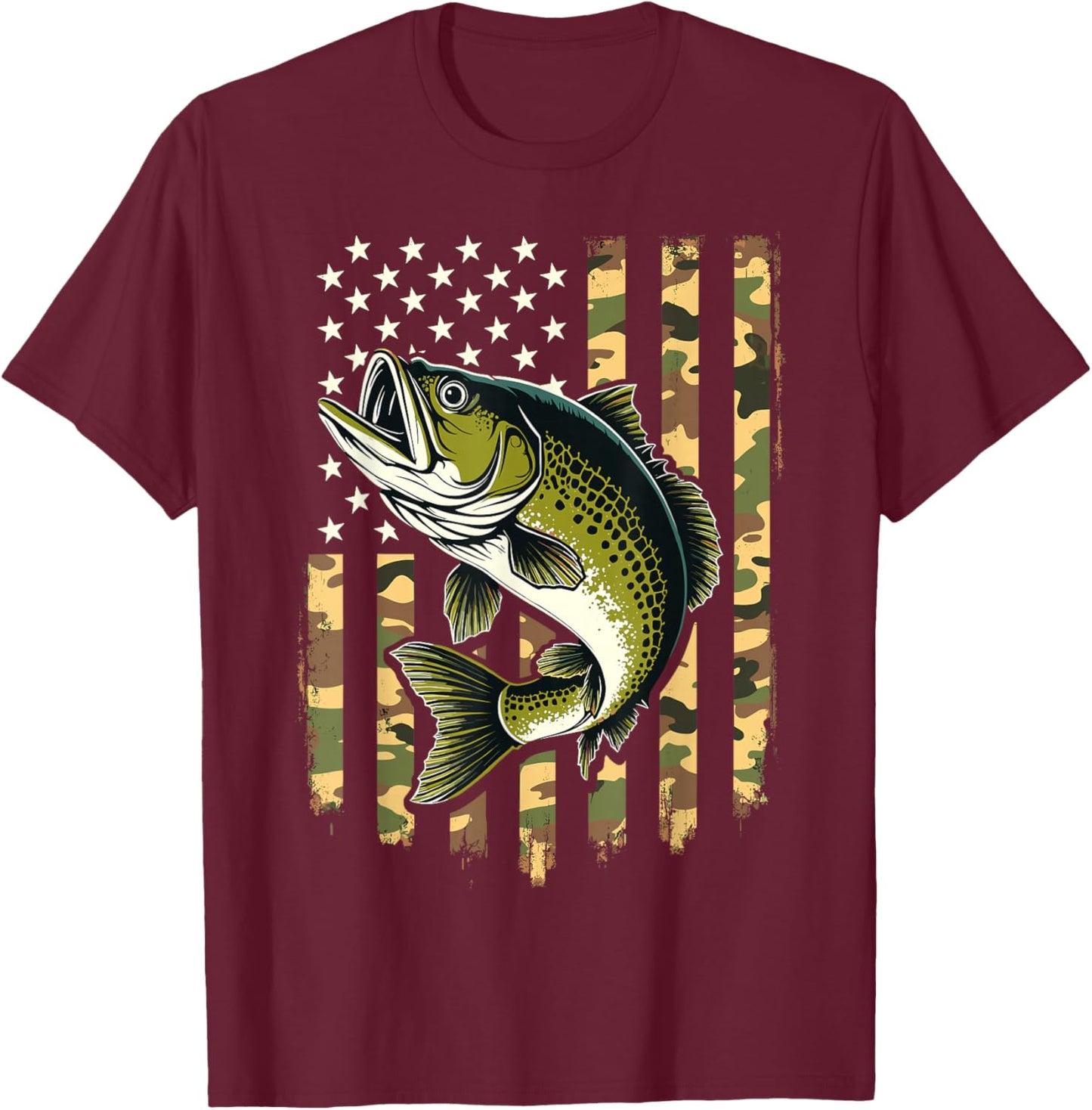 Fishing Camouflage USA American Flag Fisherman T-Shirt - T-Shirt | Maroon