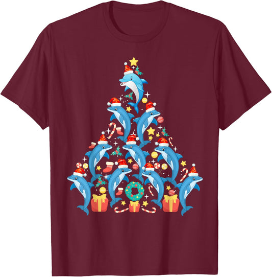 Funny Santa Dolphin Lover Fish Xmas Dolphin Christmas Tree T-Shirt - T-Shirt | Maroon