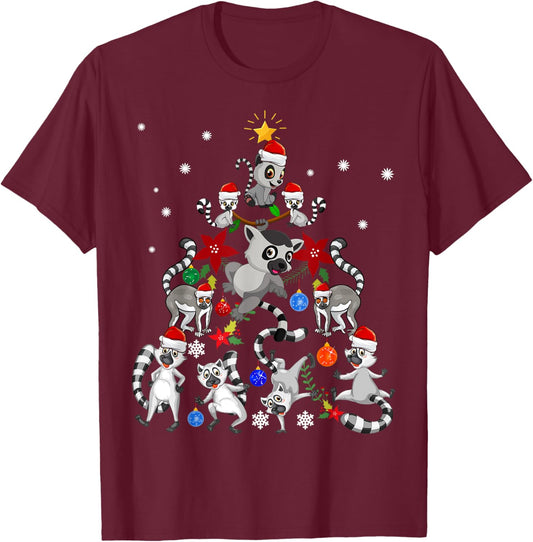 Lemur Christmas Tree Santa Hat Xmas Holiday Costume For Kids T-Shirt - T-Shirt | Maroon