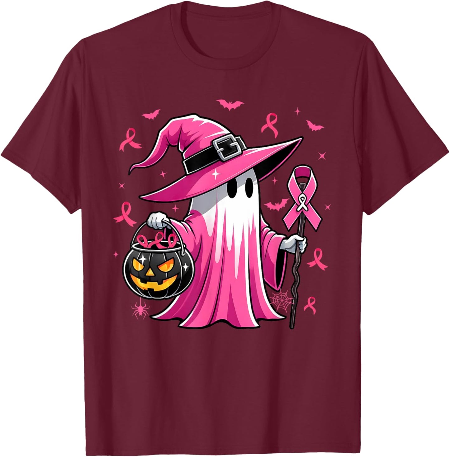 Halloween Pink Ghost Witch Breast Cancer Awareness Women T-Shirt - T-Shirt | Maroon