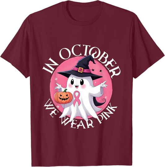 In October We Wear Pink Breast Cancer Halloween T-Shirt - T-Shirt | Maroon