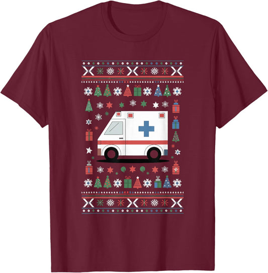 Ambulance Ugly Christmas Emergency Medical Technician T-Shirt - T-Shirt | Maroon