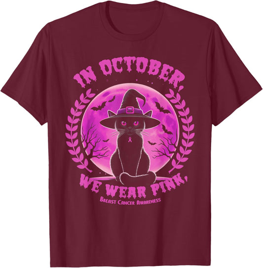 In October We Wear Pink Witch Cat Halloween Breast Cancer T-Shirt - T-Shirt | Maroon