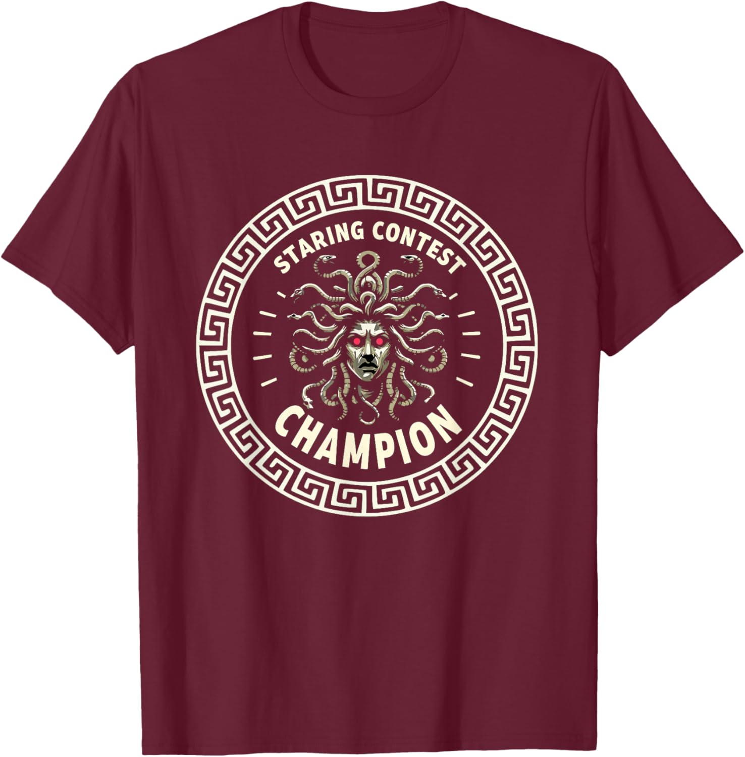 Medusa Staring Contest Funny Greek Mythology T-Shirt - T-Shirt | Maroon