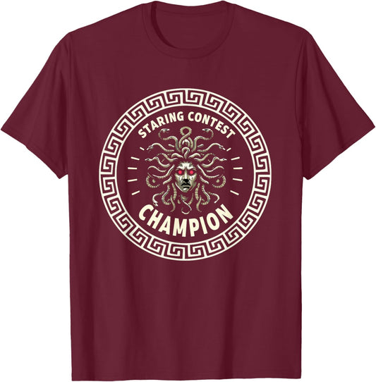 Medusa Staring Contest Funny Greek Mythology T-Shirt - T-Shirt | Maroon