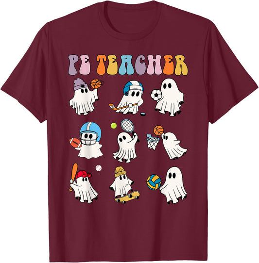 Halloween PE Teacher Ghost Playing Soccer Football Baseball T-Shirt - T-Shirt | Maroon