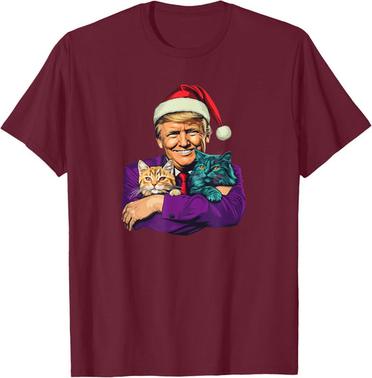 Trump Holding Cats Merry Christmas Festive Funny T-Shirt - T-Shirt | Maroon