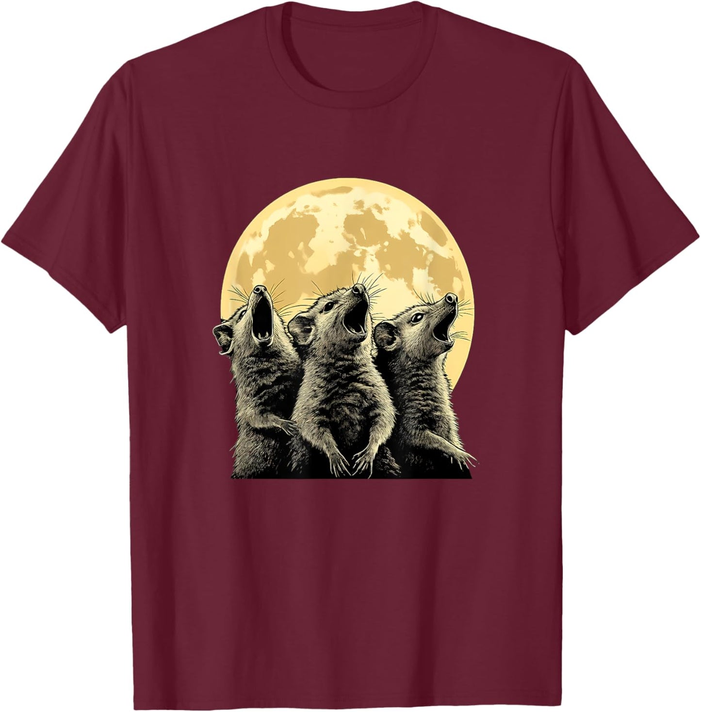 Three Possums Howling at the Moon - Funny 3 Opossum Howl T-Shirt - T-Shirt | Maroon