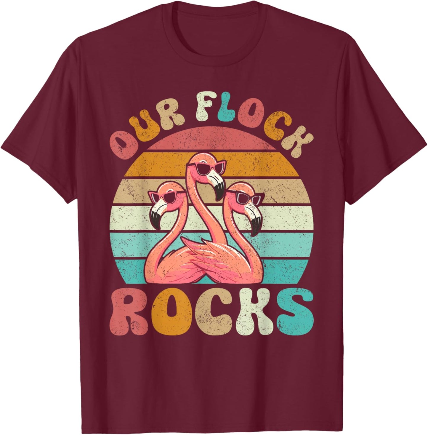 Our Flock Rocks Flamingo Matching Family Vacation T-Shirt - T-Shirt | Maroon