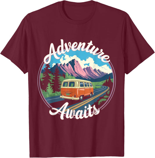 Retro Adventure Apparel Vintage Van Scenic Road Trip T-Shirt - T-Shirt | Maroon