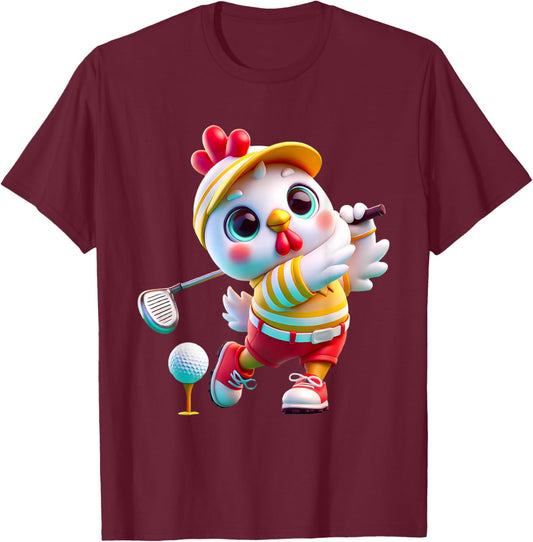 Cute Chicken Playing Golf Golfer Golfing Men Women Kids T-Shirt - T-Shirt | Maroon
