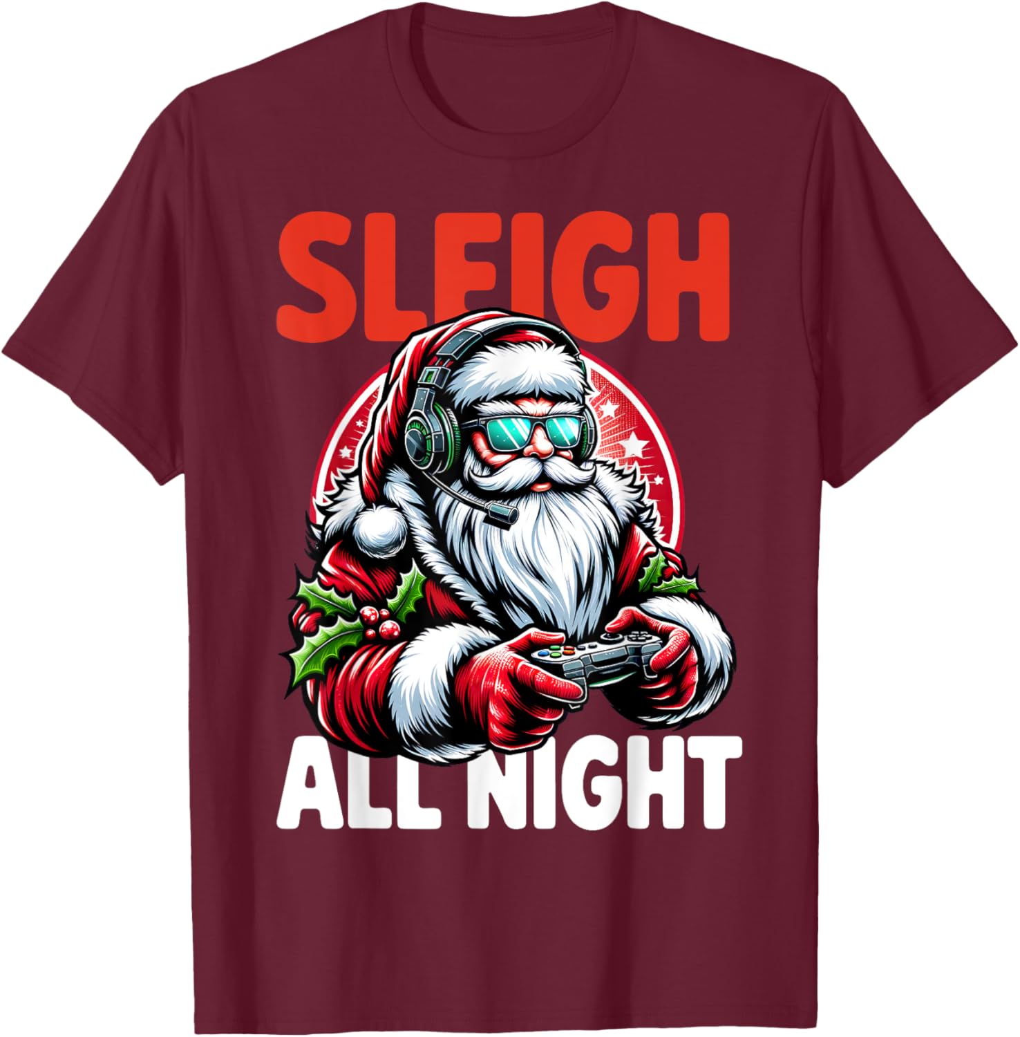 Christmas Gamer Boys Sleigh All Night Video Game Santa Xmas T-Shirt - T-Shirt | Maroon