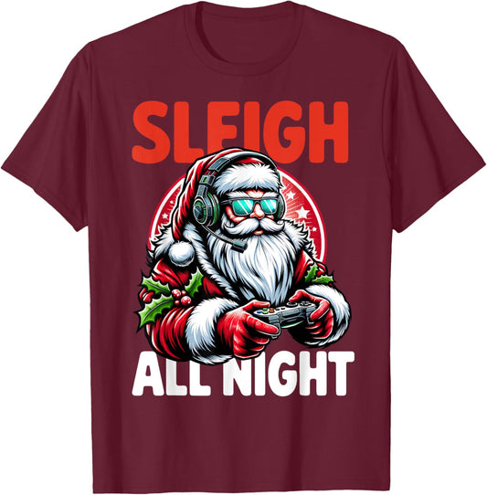 Christmas Gamer Boys Sleigh All Night Video Game Santa Xmas T-Shirt - T-Shirt | Maroon