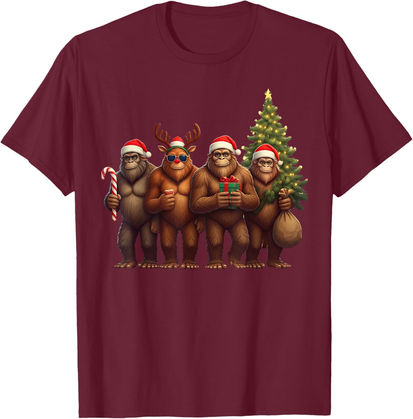 Santa Bigfoot Christmas Lights Bigfoot Lover Xmas Squad T-Shirt - T-Shirt | Maroon