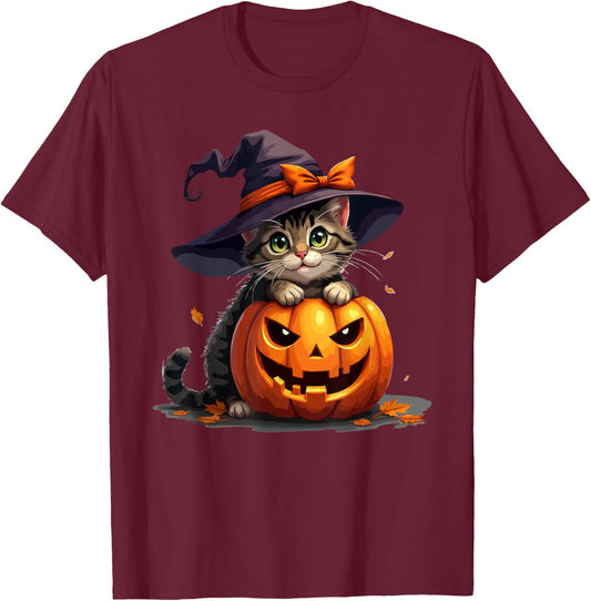 Funny Cute Cat in Pumpkin Halloween Witch Cats Lover Spooky T-Shirt - T-Shirt | Maroon