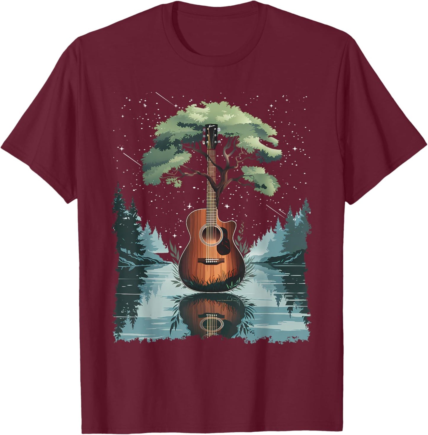 Acoustic Guitar Tree and Moon By The Lake Guitarist T-Shirt - T-Shirt | Maroon