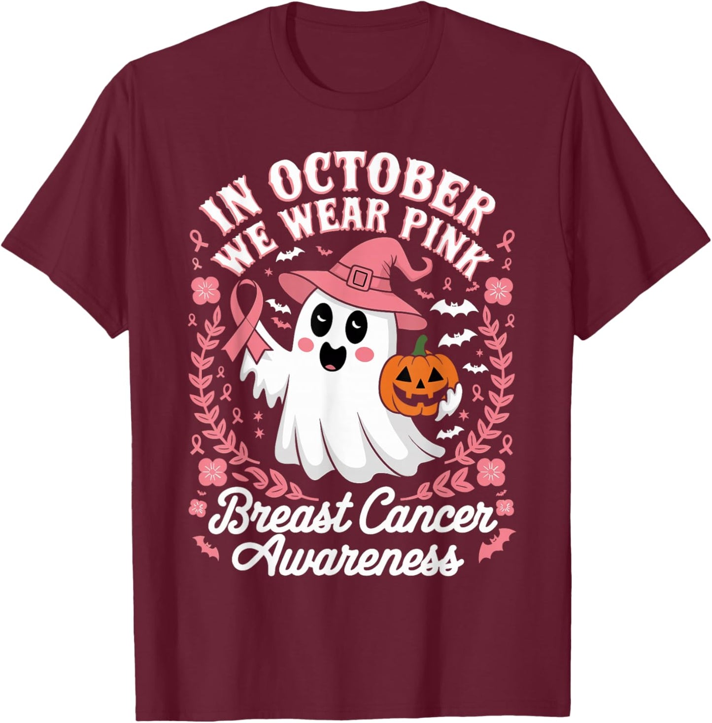 In October We Wear Pink Pumpkins Breast Cancer Awareness T-Shirt - T-Shirt | Maroon